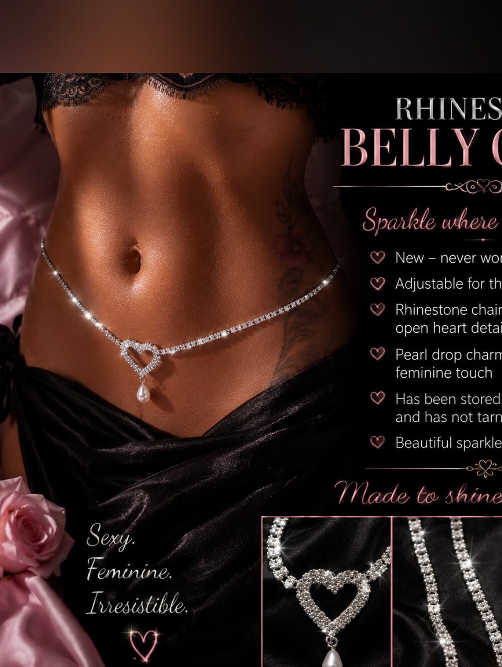 Rhinestone Heart Belly Chain with Pearl Drop – Silver